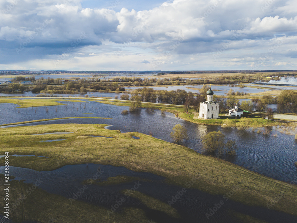 Church of the Intercession on the Nerl. Russia. Aerial view spring landscape