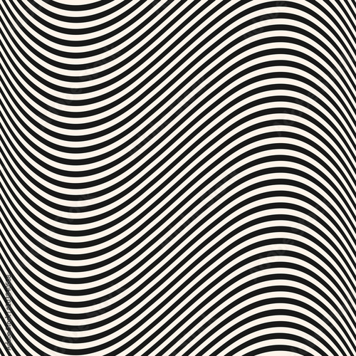 Curved wavy lines seamless pattern. Vector texture with black and white waves, thin stripes. Dynamical 3D effect, illusion of movement. Modern abstract monochrome ripple background. Repeat design