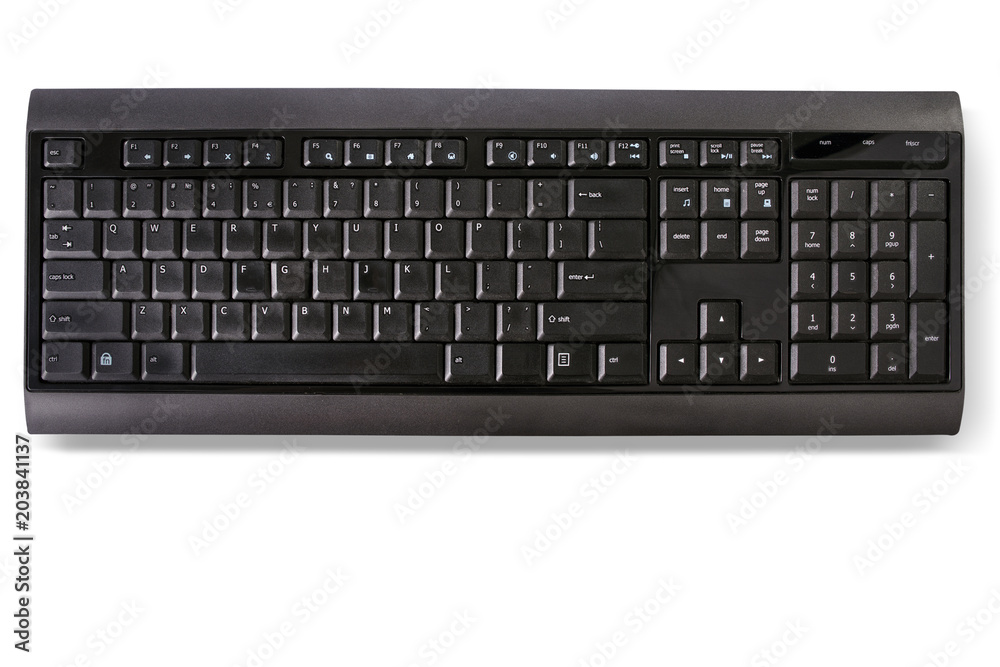 Black wireless computer office keyboard on white background, isolated. Black wireless computer office keyboard on white background, isolated.