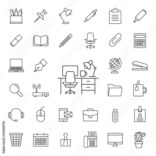 freelance working place line black vector icons set