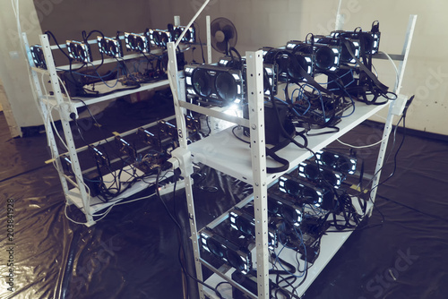 Farm for mining cryptocurrency on video cards. Crypto farm. Electronic money mining concept