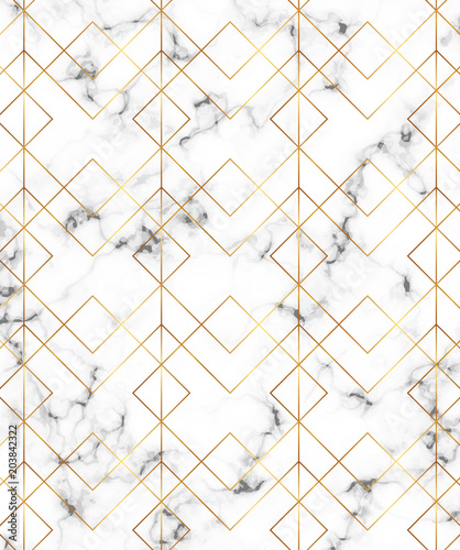 Modern minimalist white marble texture with gold geometric lines, rhombus and triangles pattern. Background for design banner, card, flyer, invitation, party, birthday, wedding, placard, magazine