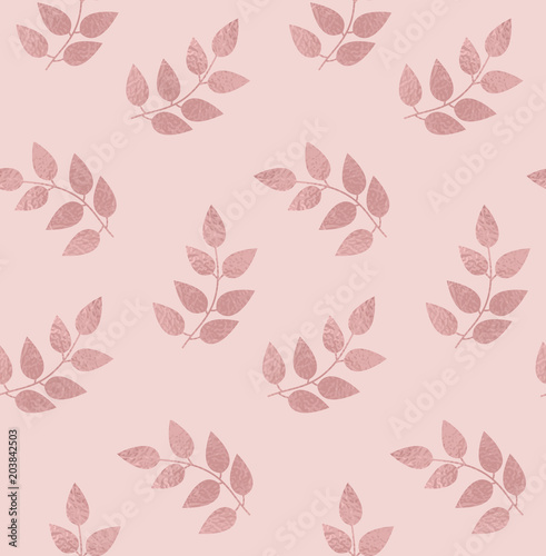 Elegant rose gold leafs seamless pattern. Foil glitter texture on the pink background.
