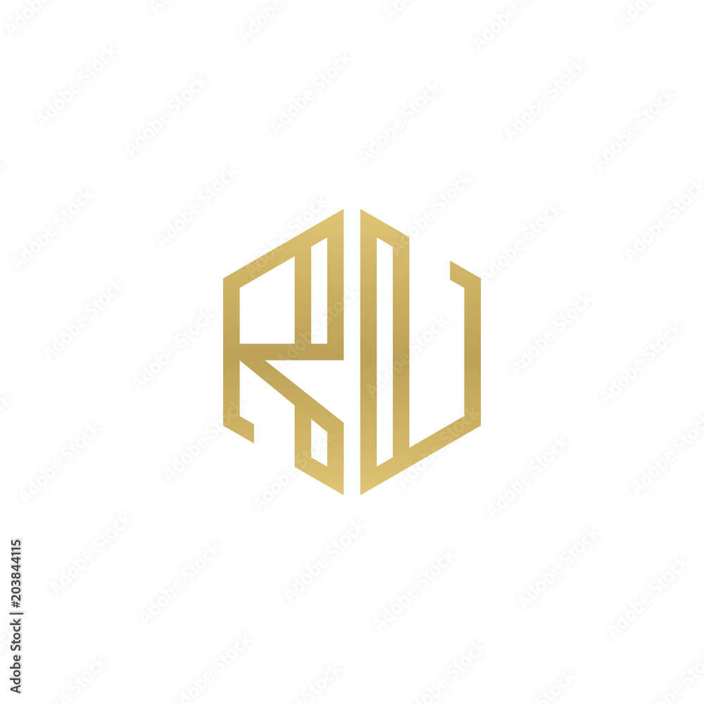 Initial letter RU, minimalist line art hexagon shape logo, gold color Initial letter RU, minimalist line art hexagon shape logo, gold color