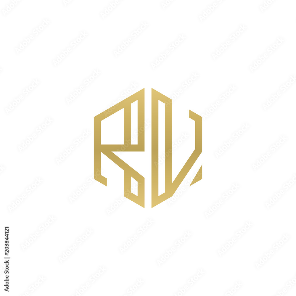 Initial letter RV, minimalist line art hexagon shape logo, gold color Initial letter RV, minimalist line art hexagon shape logo, gold color
