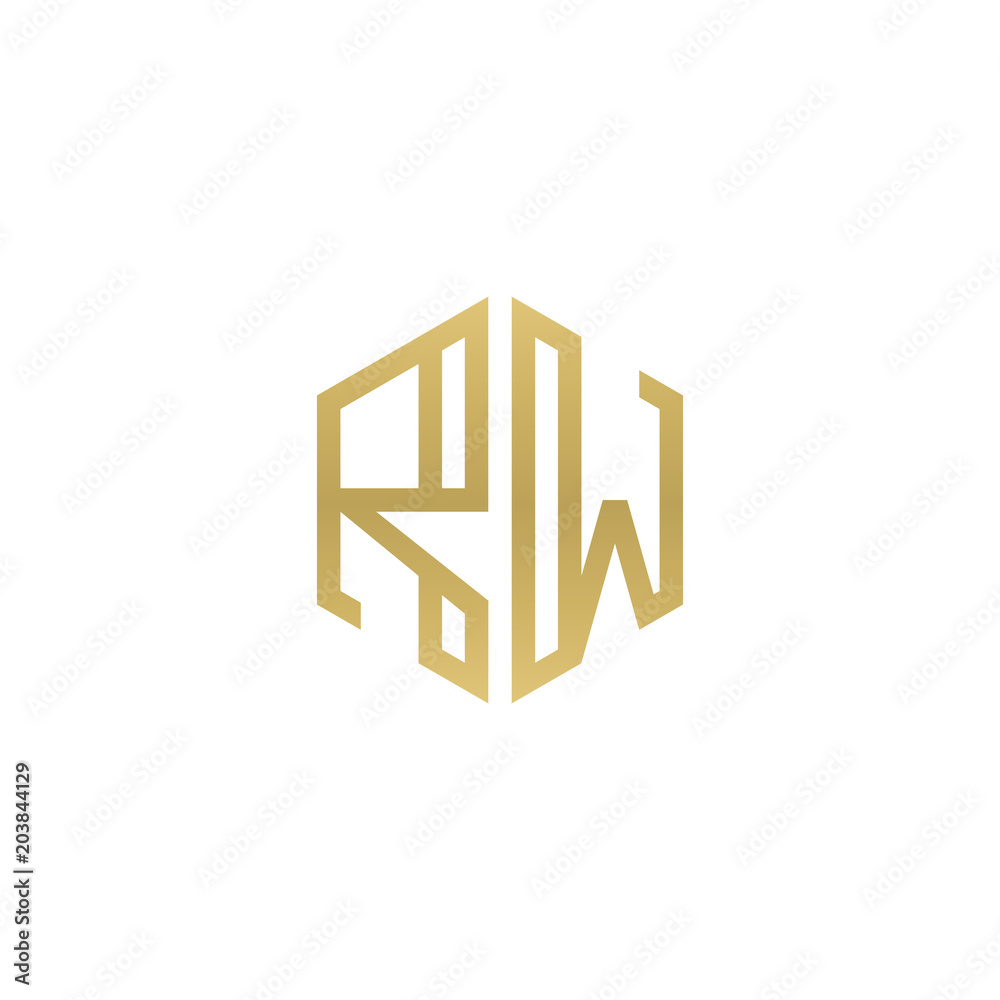 Initial letter RW, minimalist line art hexagon shape logo, gold color