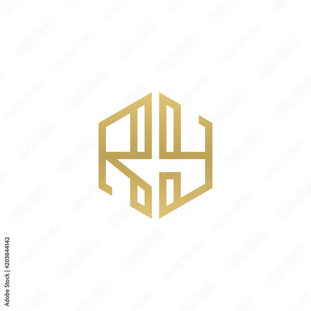 Initial letter RY, minimalist line art hexagon shape logo, gold color Initial letter RY, minimalist line art hexagon shape logo, gold color