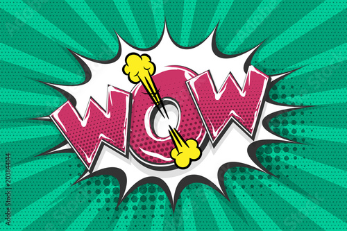 Wow, boom, bang, comic text speech bubble. Colored pop art style sound effect. Halftone vector illustration banner. Vintage comics book poster. Colored funny cloud font.