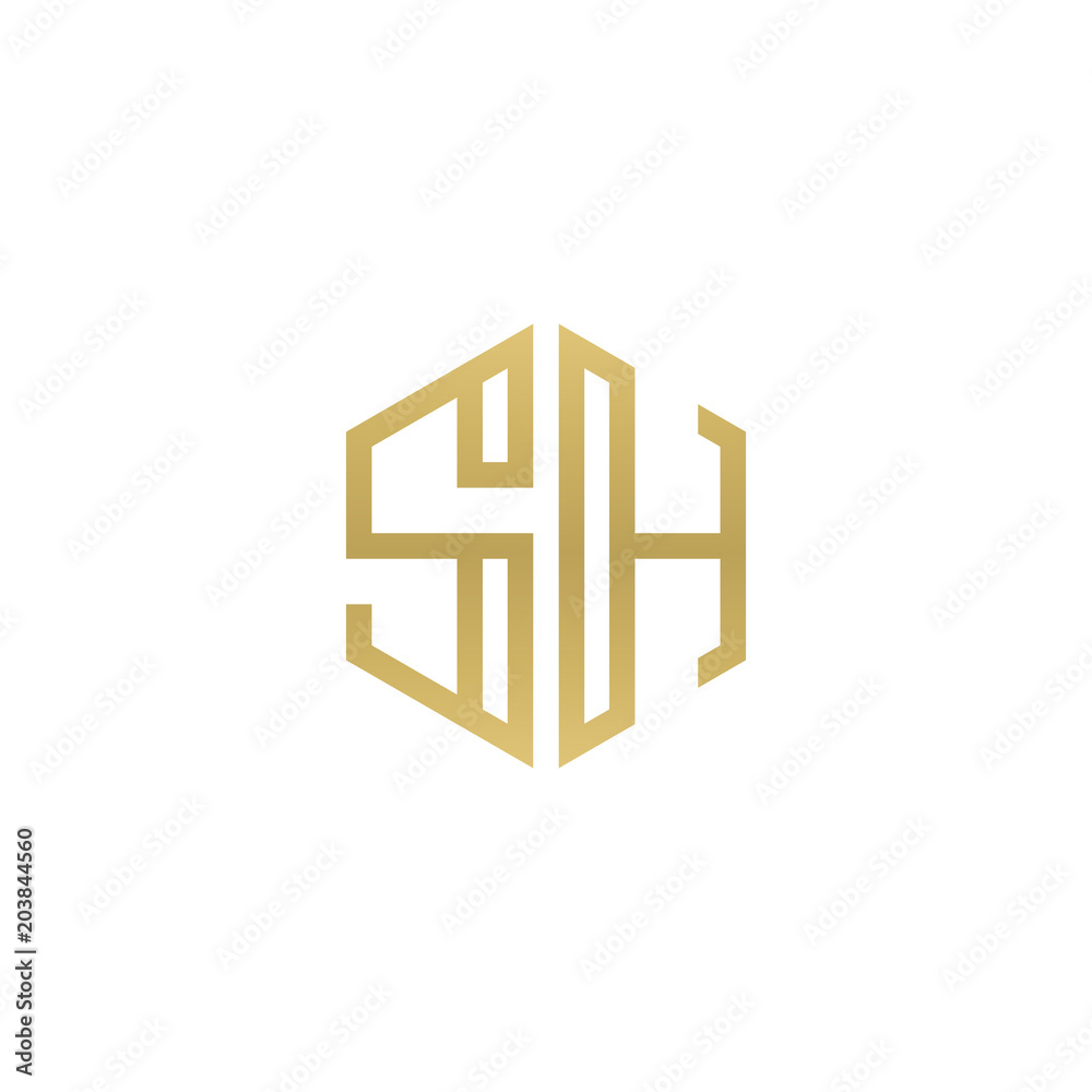 Initial letter SH, minimalist line art hexagon shape logo, gold color Initial letter SH, minimalist line art hexagon shape logo, gold color