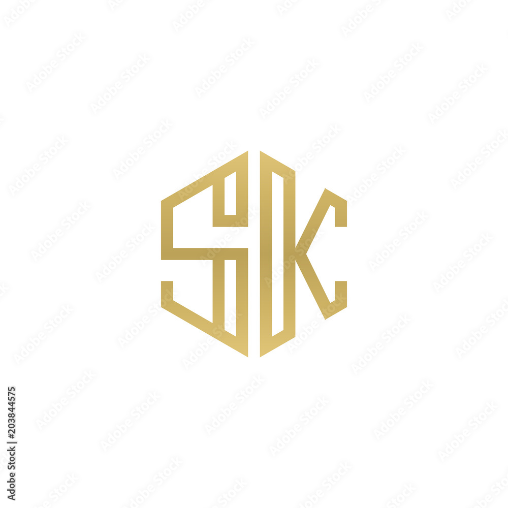 Initial letter SK, minimalist line art hexagon shape logo, gold color