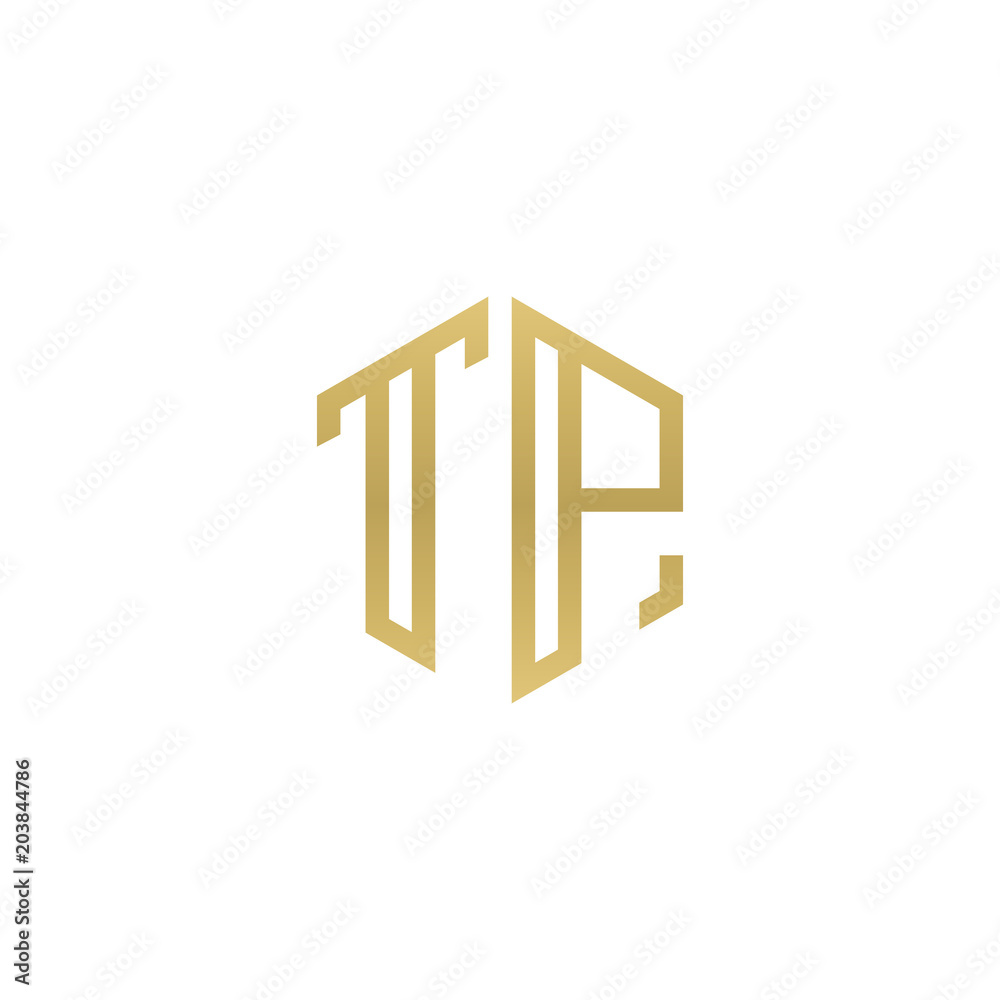 Initial letter TP, minimalist line art hexagon shape logo, gold color Initial letter TP, minimalist line art hexagon shape logo, gold color