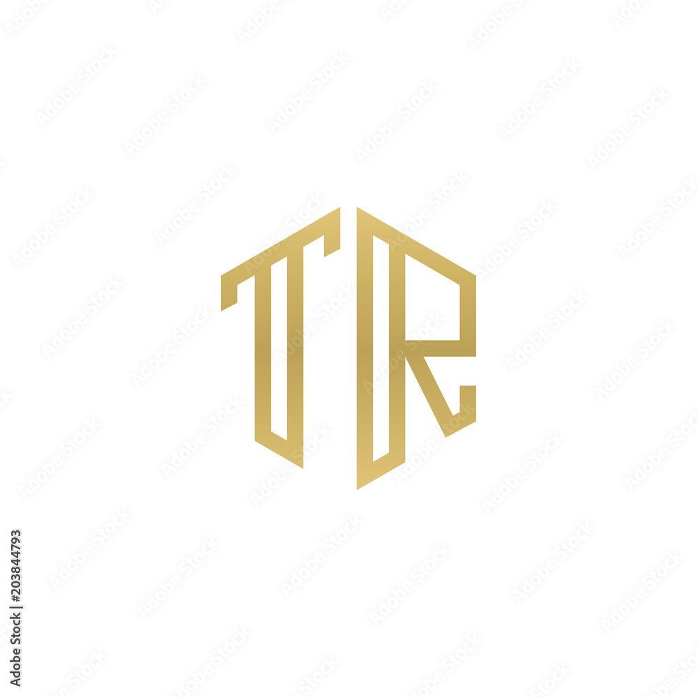 Initial letter TR, minimalist line art hexagon shape logo, gold color Initial letter TR, minimalist line art hexagon shape logo, gold color
