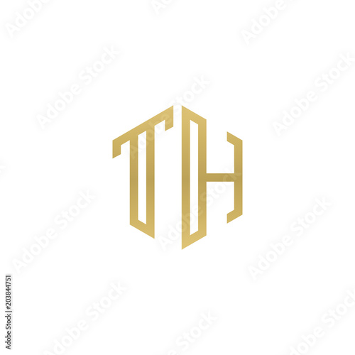 Initial letter TH, minimalist line art hexagon shape logo, gold color
