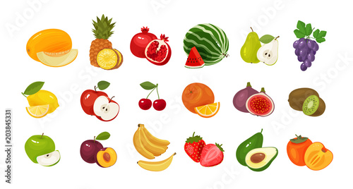 Fruits and berries  set of colored icons. Food concept. Vector illustration