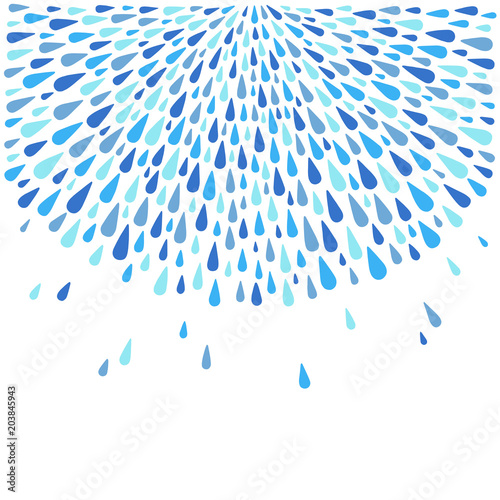 Rounded template, border made of uneven water drops, droplets, raindrops, tears of various size. Radial template with space for text, design element. Shades of blue abstract rainy square background.
