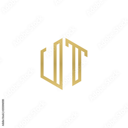 Initial letter UT, minimalist line art hexagon shape logo, gold color