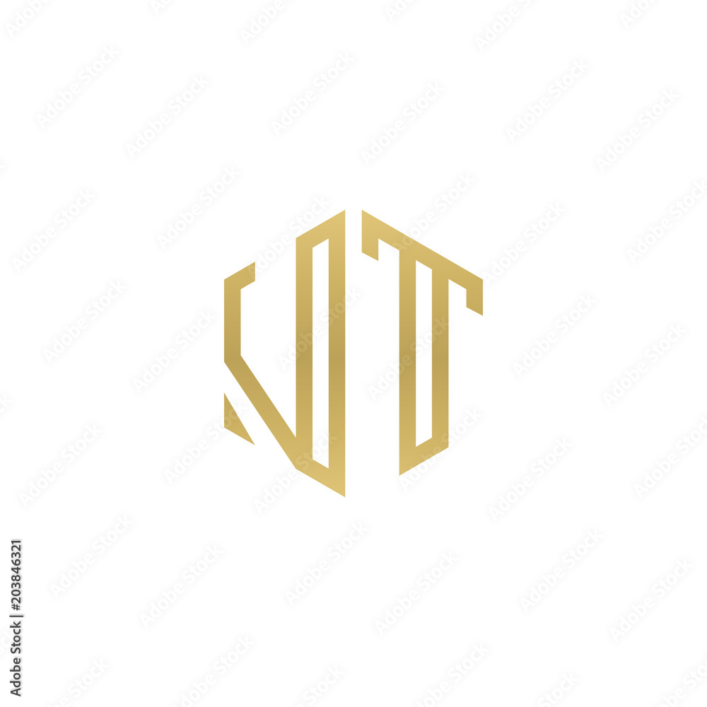 Initial letter VT, minimalist line art hexagon shape logo, gold color Initial letter VT, minimalist line art hexagon shape logo, gold color