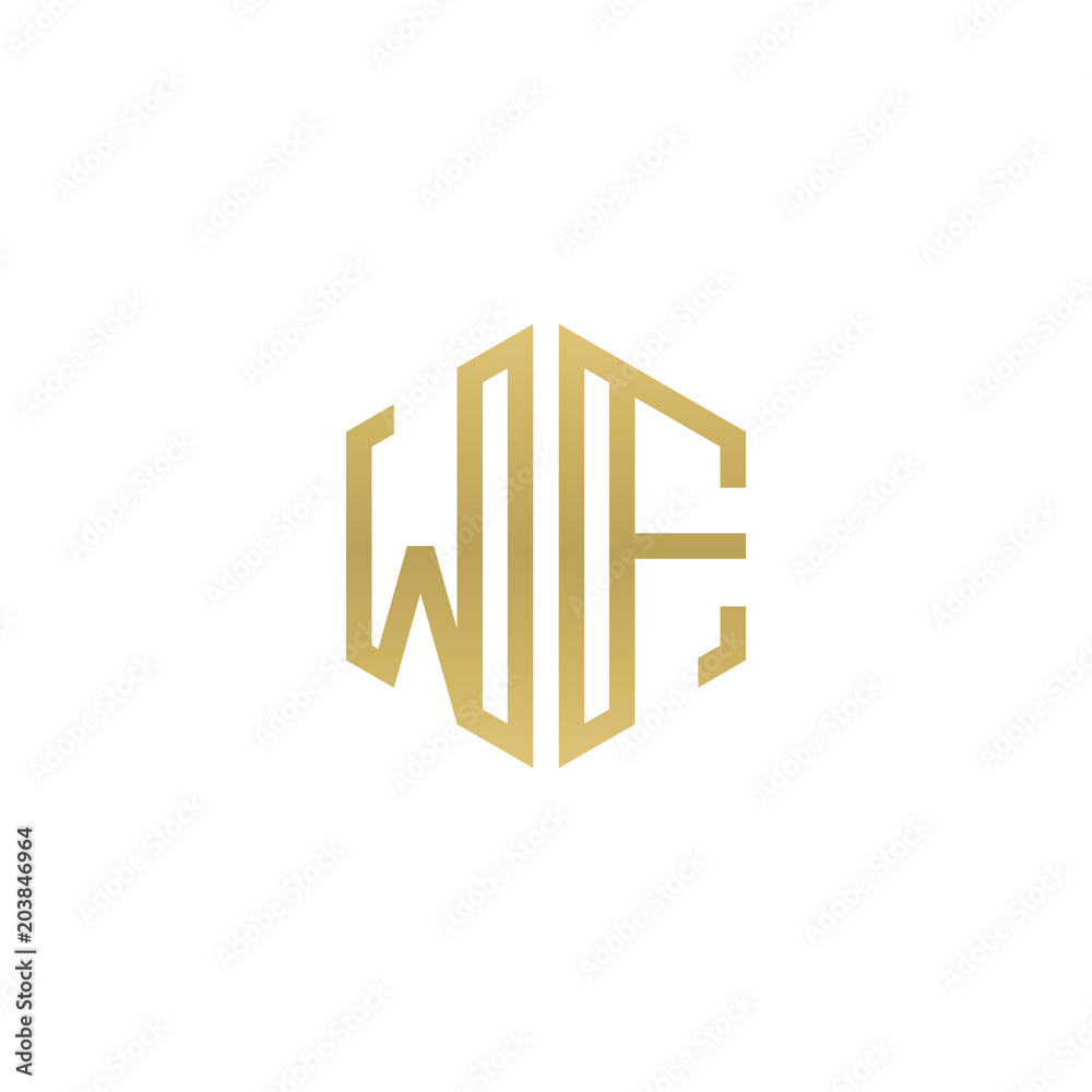 Initial letter WF, minimalist line art hexagon shape logo, gold color Initial letter WF, minimalist line art hexagon shape logo, gold color
