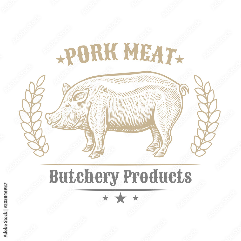 Isolated vintage golden and royal emblem of farm animal. Pig or pork meat.  Butchery products market. Hand made illustration and lettering. Concept  template for branding Stock Vector | Adobe Stock
