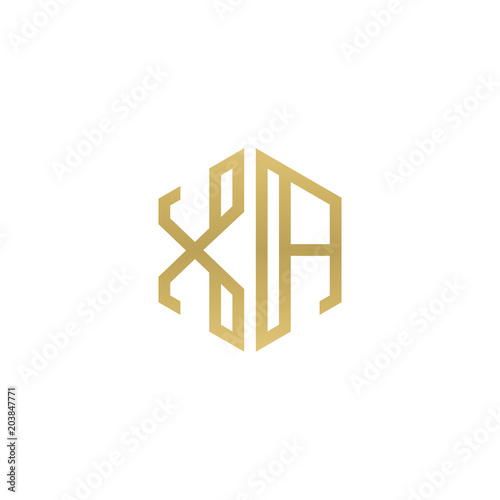 Initial letter XA, minimalist line art hexagon shape logo, gold color