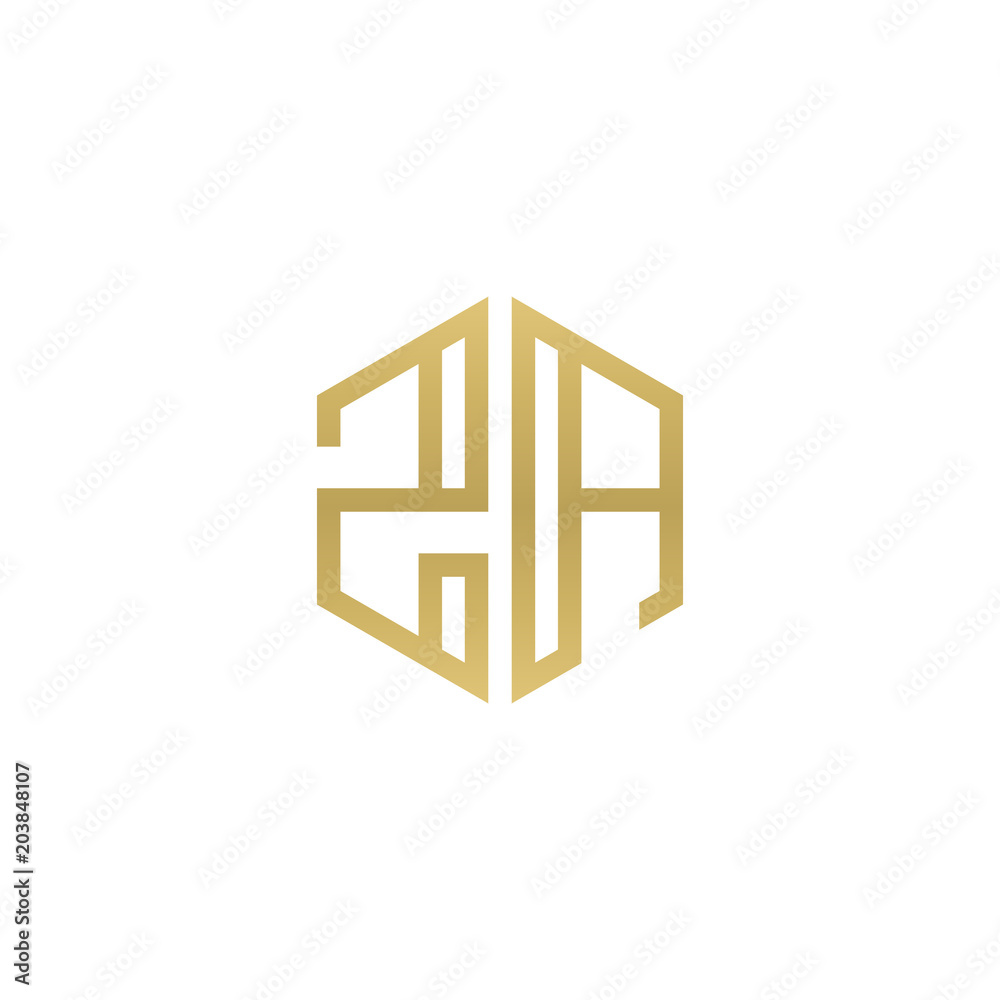 Initial letter ZA, minimalist line art hexagon shape logo, gold color Initial letter ZA, minimalist line art hexagon shape logo, gold color