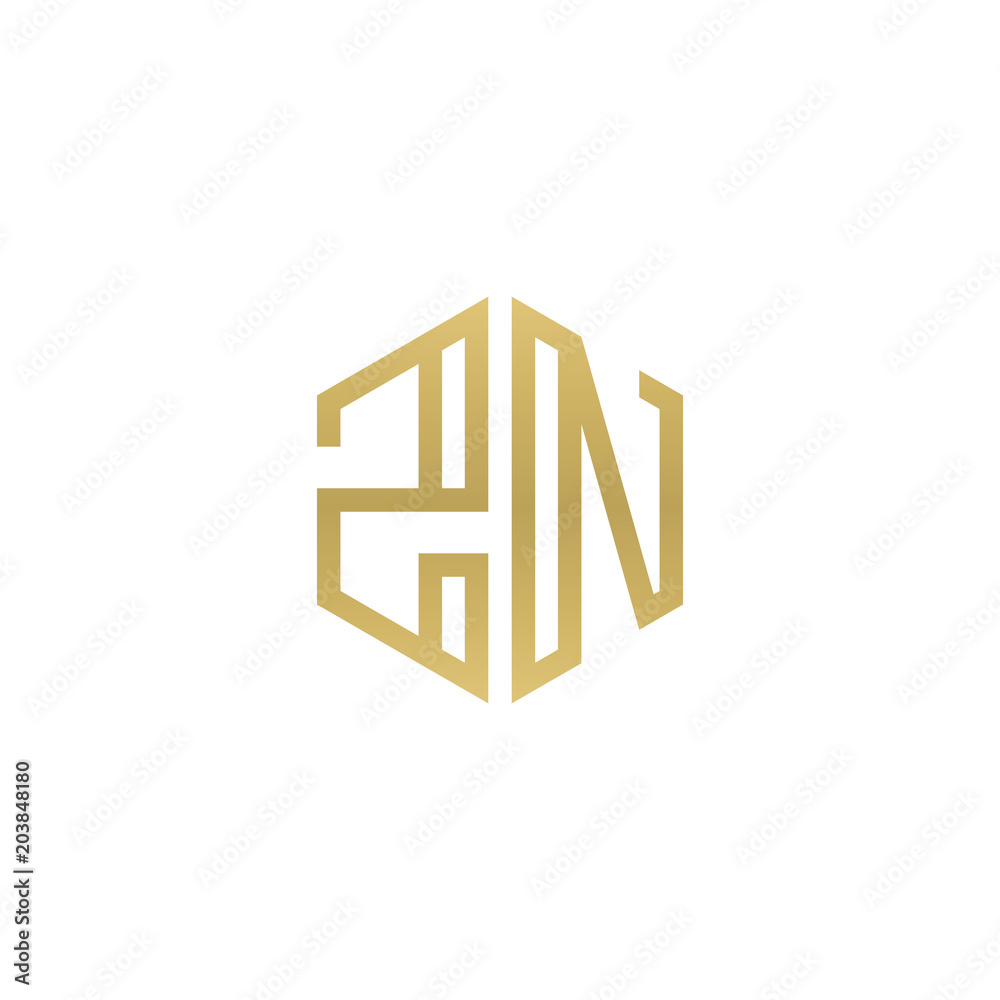 Initial letter ZN, minimalist line art hexagon shape logo, gold color Initial letter ZN, minimalist line art hexagon shape logo, gold color