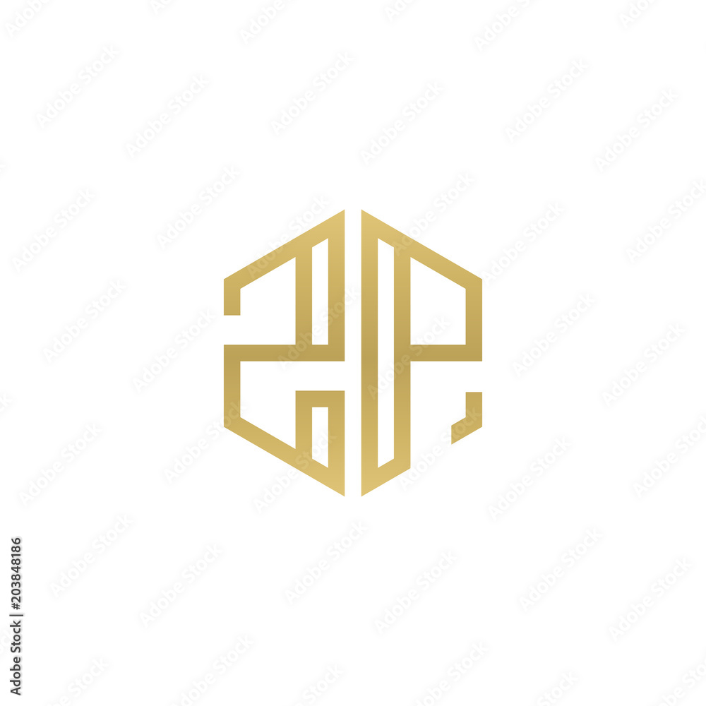 Initial letter ZP, minimalist line art hexagon shape logo, gold color Initial letter ZP, minimalist line art hexagon shape logo, gold color