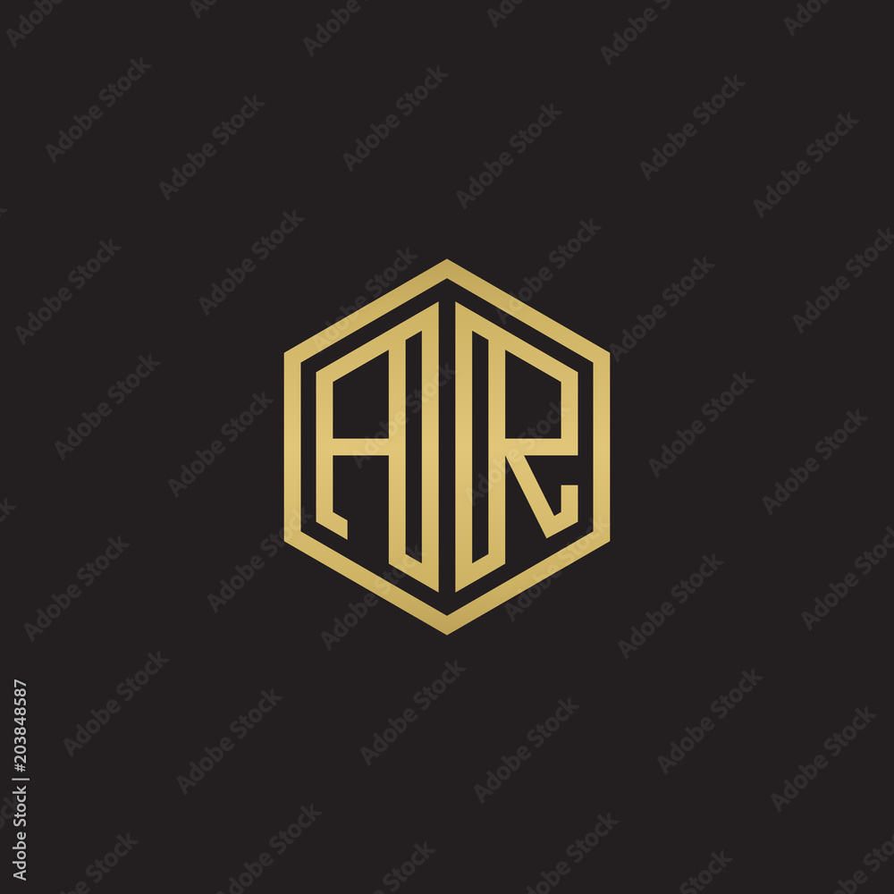 Initial letter AR, minimalist line art hexagon shape logo, gold color on black background Initial letter AR, minimalist line art hexagon shape logo, gold color on black background