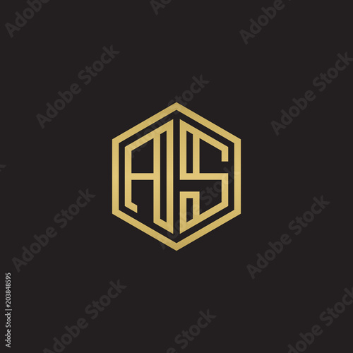Initial letter AS, minimalist line art hexagon shape logo, gold color on black background