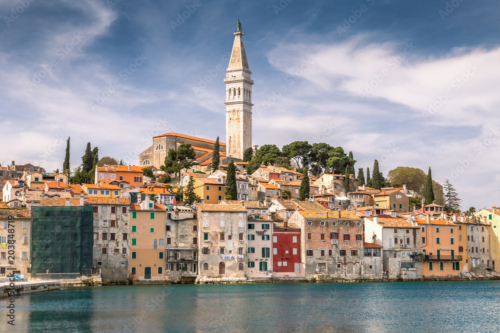 Rovinj on Adriatic sea in Croatia , Europe. The historic part of city Rovinj with the Church of Saint Euphemia.