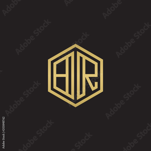 Initial letter BR, minimalist line art hexagon shape logo, gold color on black background