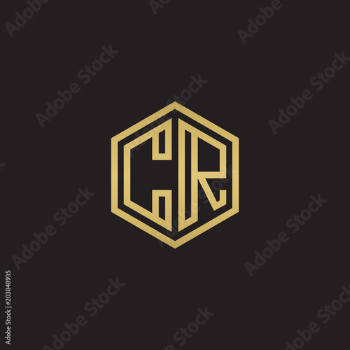 Initial letter CR, minimalist line art hexagon shape logo, gold color on black background