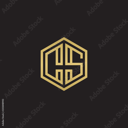Initial letter CS, minimalist line art hexagon shape logo, gold color on black background