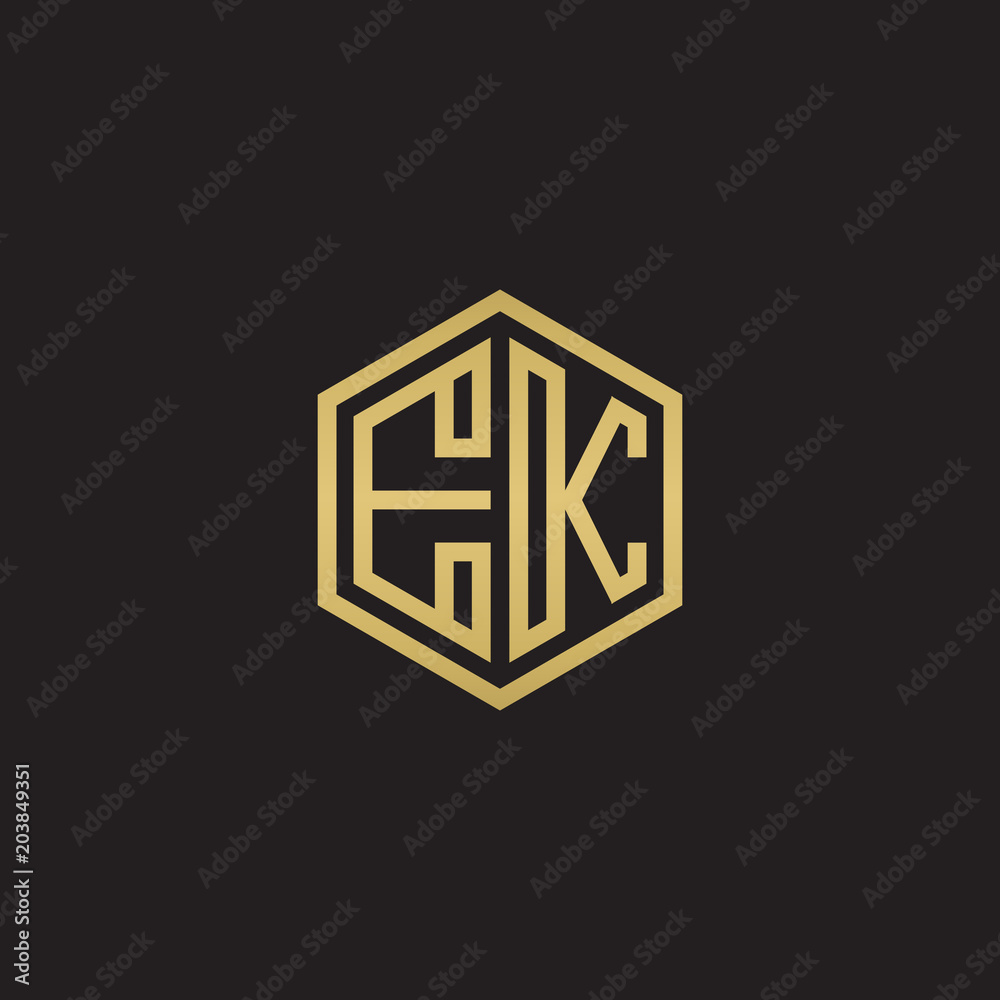 Initial letter EK, minimalist line art hexagon shape logo, gold color on black background Initial letter EK, minimalist line art hexagon shape logo, gold color on black background