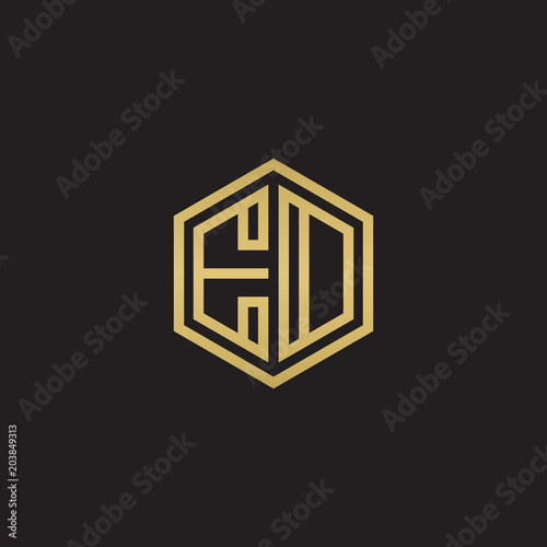 Bilde på lerret Initial letter ED, EO, minimalist line art hexagon shape logo, gold color on bla