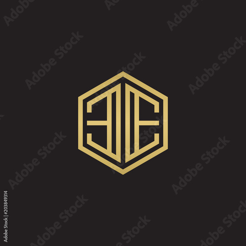 Initial letter EE mirror, minimalist line art hexagon shape logo, gold color on black background