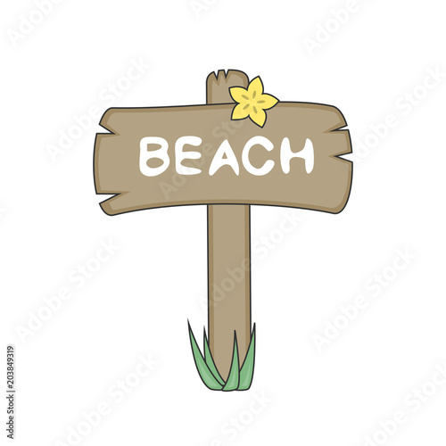 Beach sign on wood board vector illustration. Summer time card.