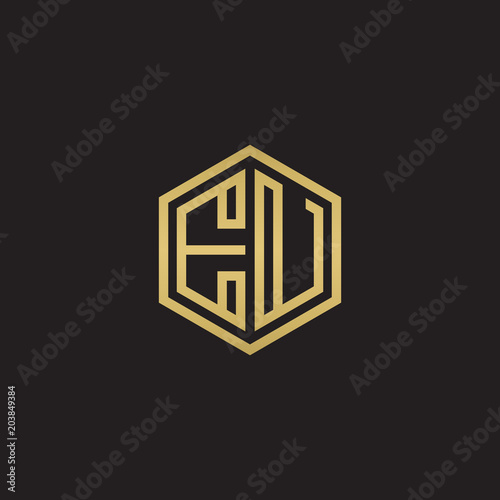 Initial letter EU, minimalist line art hexagon shape logo, gold color on black background