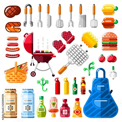 BBQ and grill icons and isolated design elements set. Vector barbecue food, equipment and tools illustration