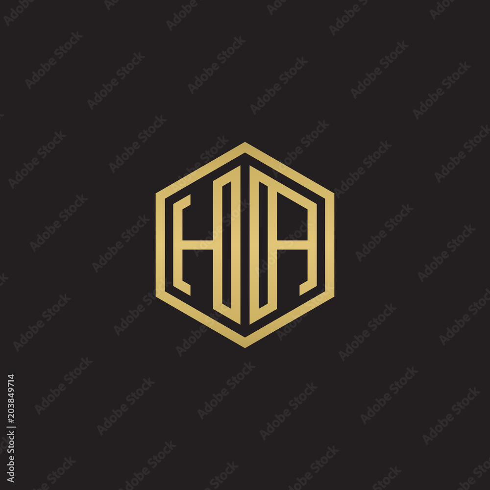 Initial letter HA, minimalist line art hexagon shape logo, gold color on black background Initial letter HA, minimalist line art hexagon shape logo, gold color on black background