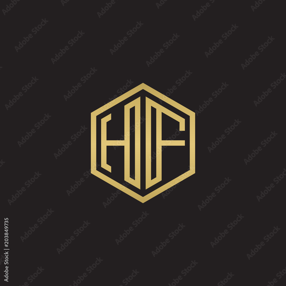 Initial letter HF, minimalist line art hexagon shape logo, gold color on black background Initial letter HF, minimalist line art hexagon shape logo, gold color on black background