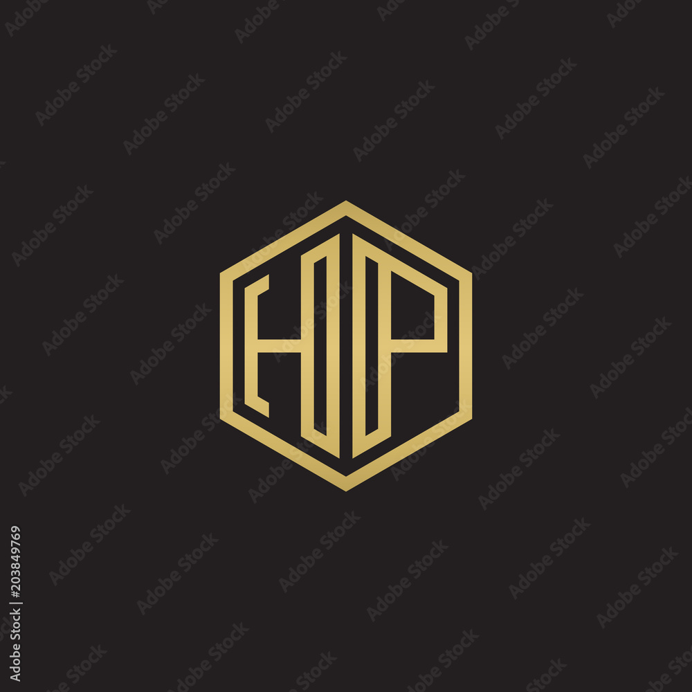 Initial letter HP, minimalist line art hexagon shape logo, gold color on black background