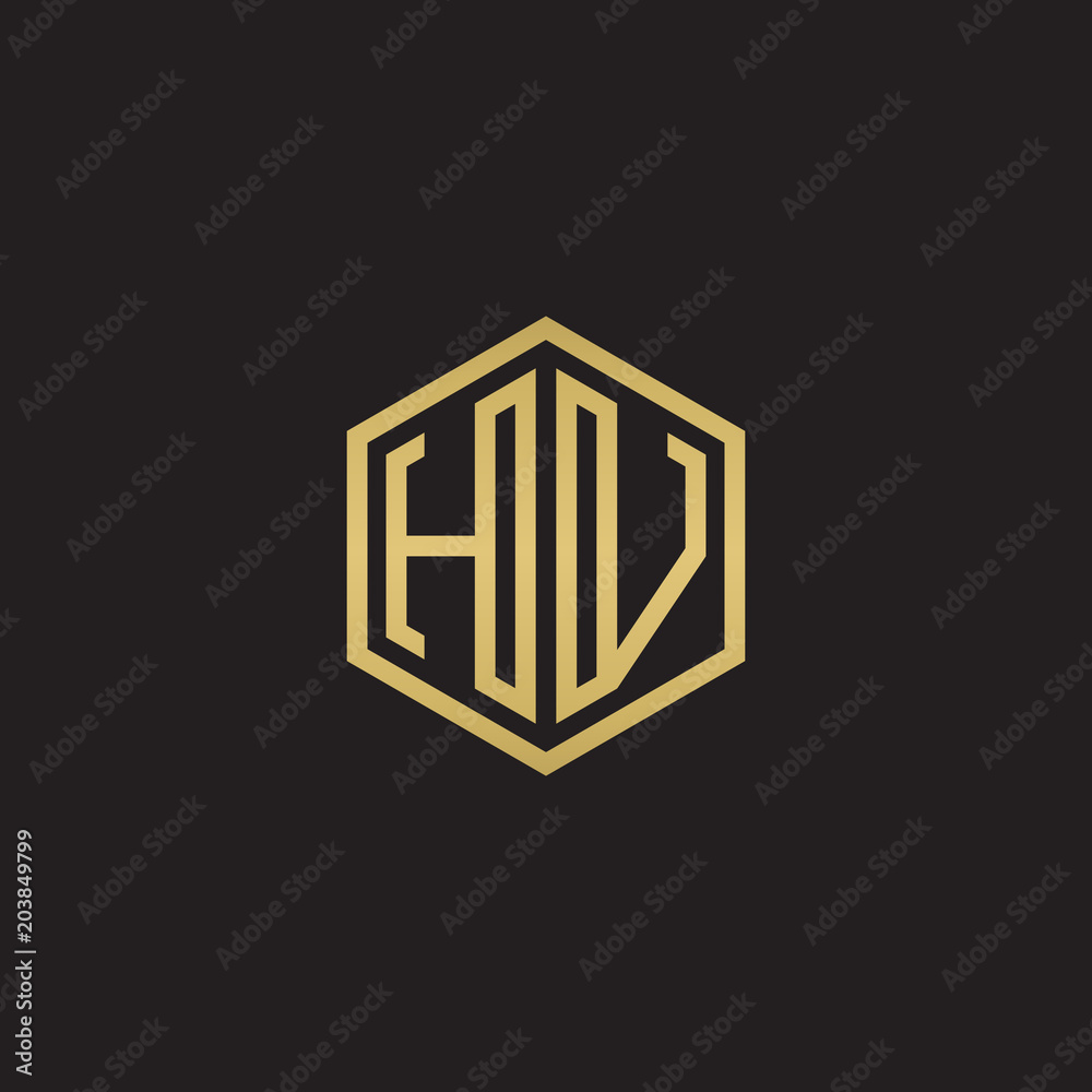 Initial letter HV, minimalist line art hexagon shape logo, gold color on black background Initial letter HV, minimalist line art hexagon shape logo, gold color on black background