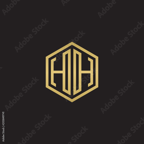 Initial letter HH mirror, minimalist line art hexagon shape logo, gold color on black background