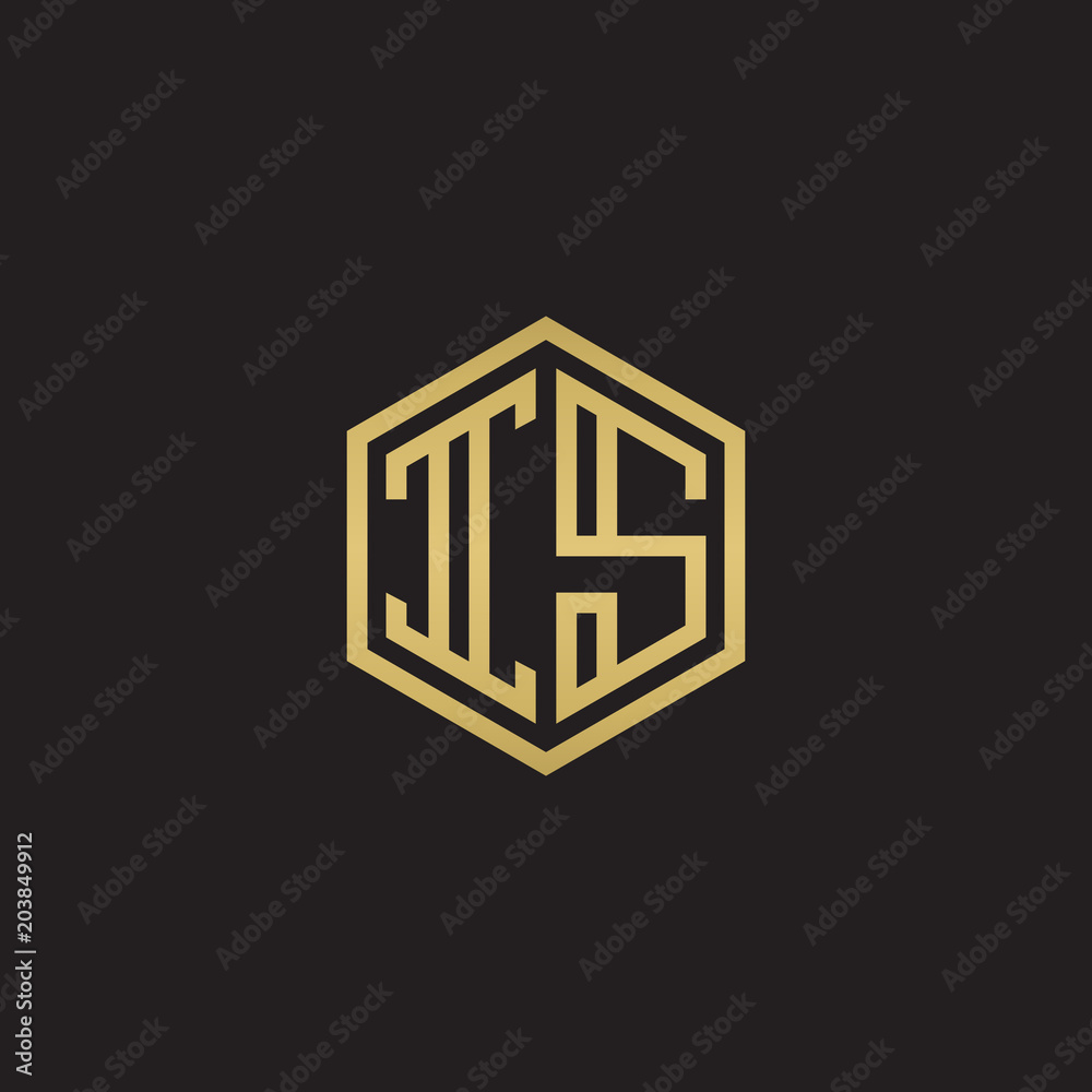 Initial letter IS, minimalist line art hexagon shape logo, gold color on black background Initial letter IS, minimalist line art hexagon shape logo, gold color on black background