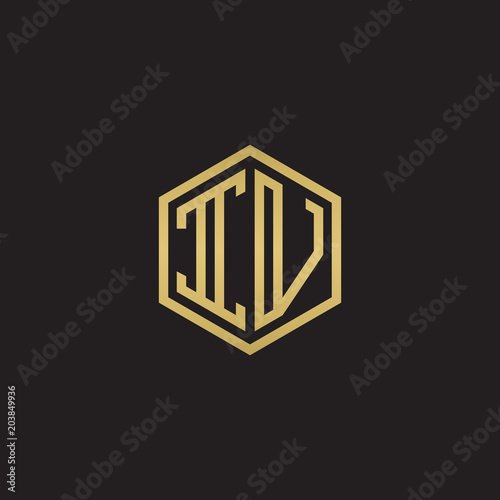 Initial letter IV, minimalist line art hexagon shape logo, gold color on black background