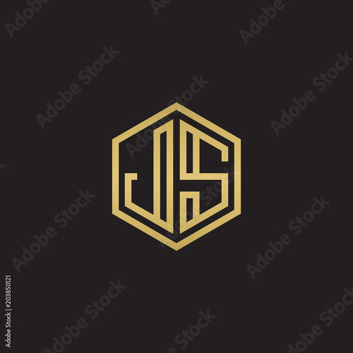 Initial letter JS, minimalist line art hexagon shape logo, gold color on black background