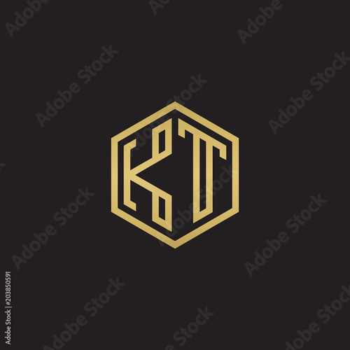 Initial letter KT, minimalist line art hexagon shape logo, gold color on black background