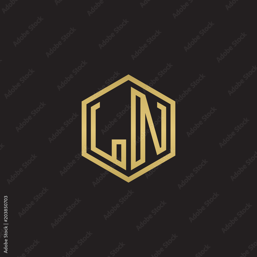 Initial letter LN, minimalist line art hexagon shape logo, gold color on black background Initial letter LN, minimalist line art hexagon shape logo, gold color on black background