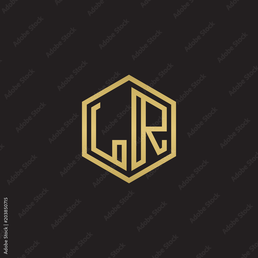 Initial letter LR, minimalist line art hexagon shape logo, gold color on black background Initial letter LR, minimalist line art hexagon shape logo, gold color on black background